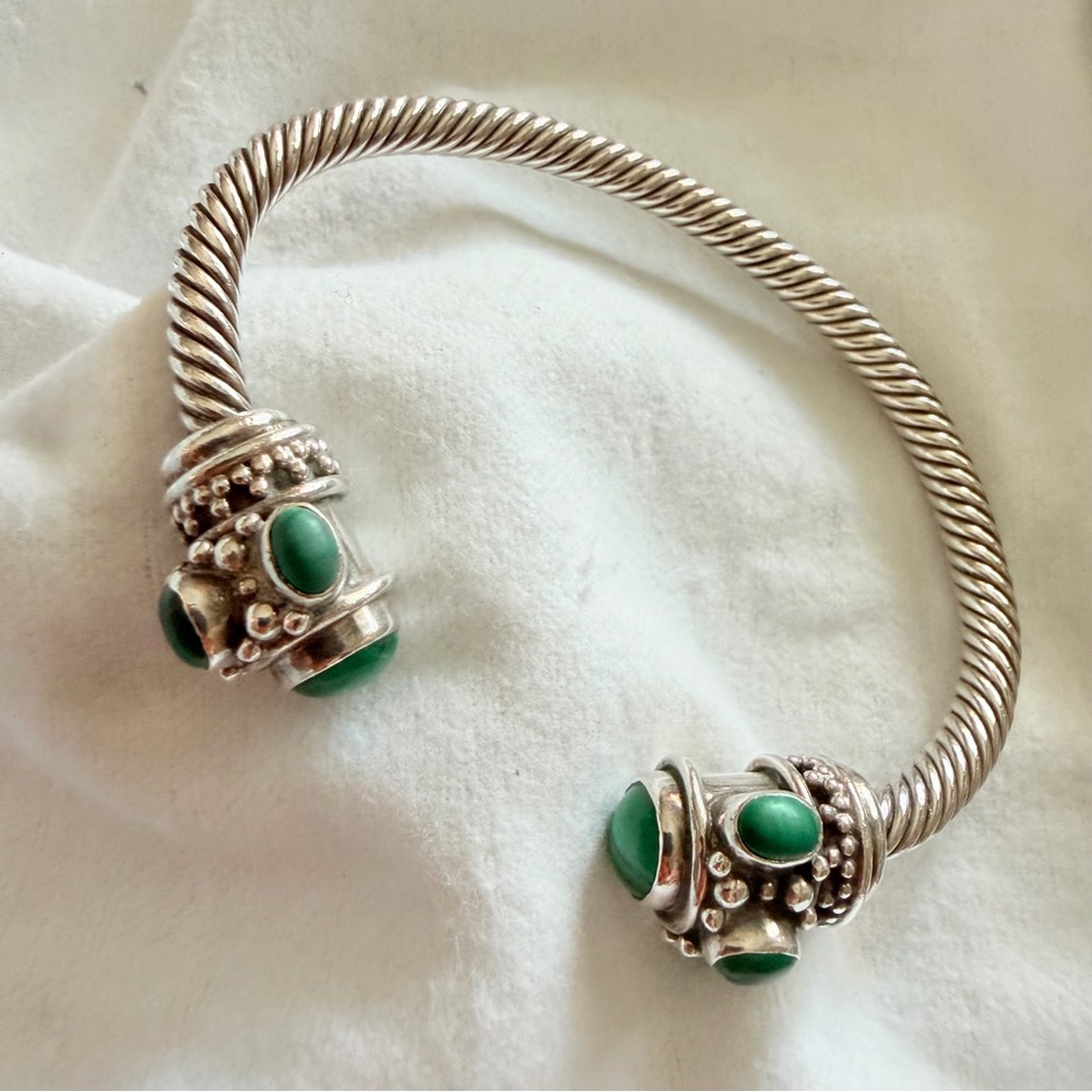 Solid Sterling Silver Twisted Cable Cuff Bracelet w/Eight Malachite Stones - Picture 14 of 14